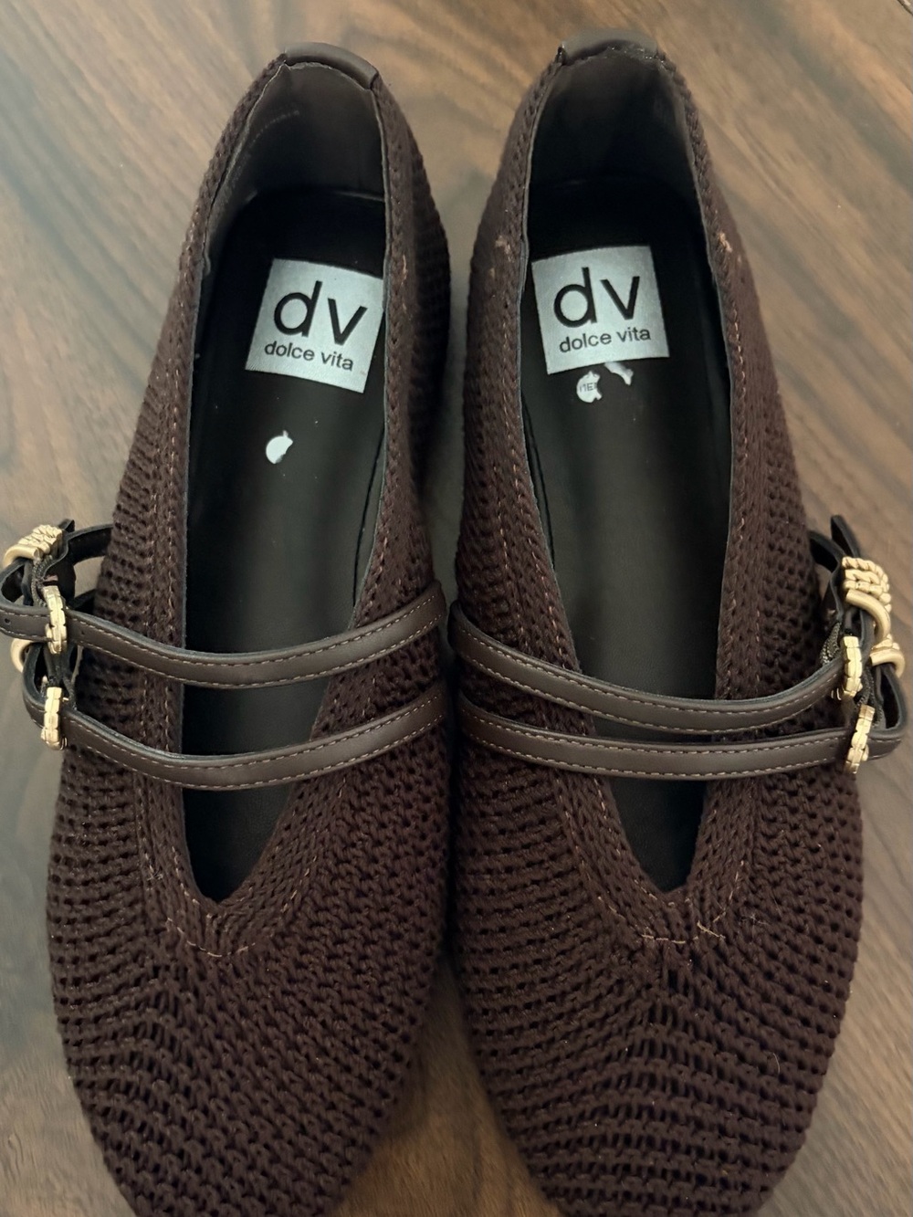 Dolce Vita Dark Brown Knit Double-Strap Mary Jane Flats